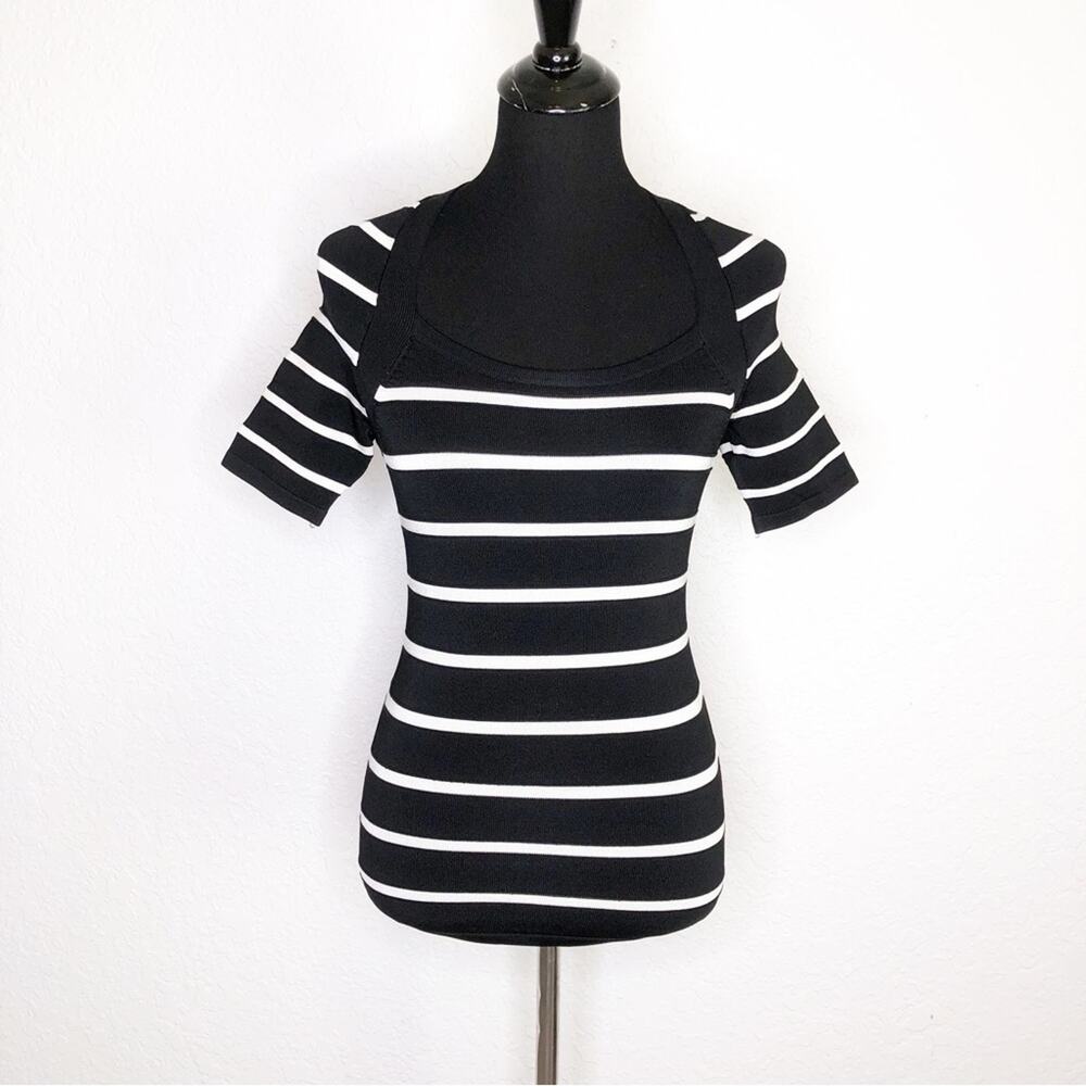 WHBM black white striped heavy knit short sleeve sweater size XXS